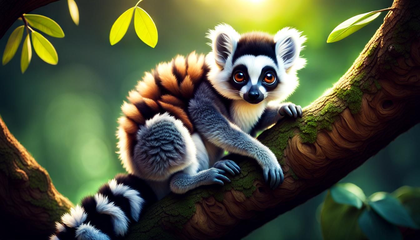 Cute Chibi Lemur in a Fantasy Tree