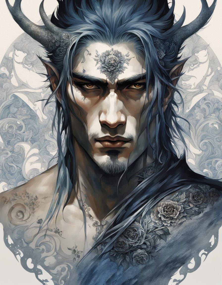 Ethereal Gothic Portrait of an Elven Male with Tattoos in Oi...