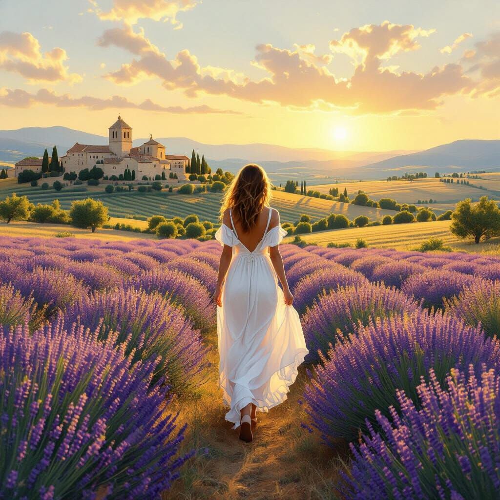 Woman in Lavender Field, Dreamy Fantasy Art