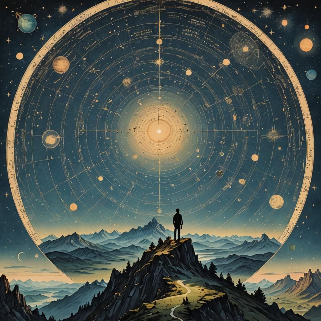 Vintage Star Chart Sky with Silhouetted Figure