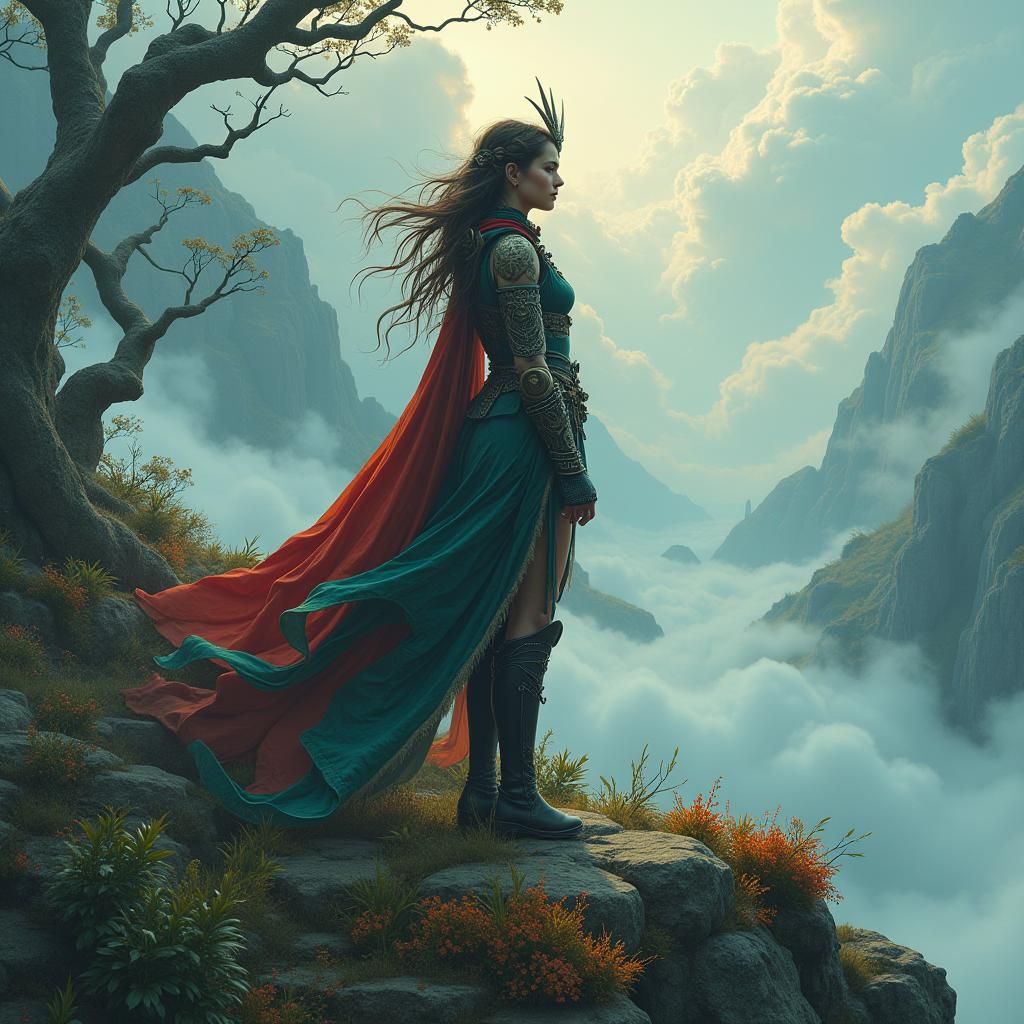 Heroic Sorceress in Mystical Landscape