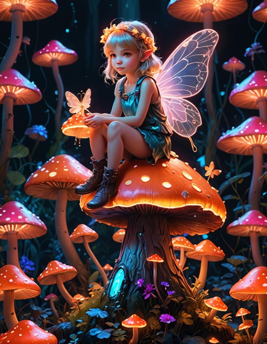 Fairy on Glowing Mushroom: A Neon Dreamscape