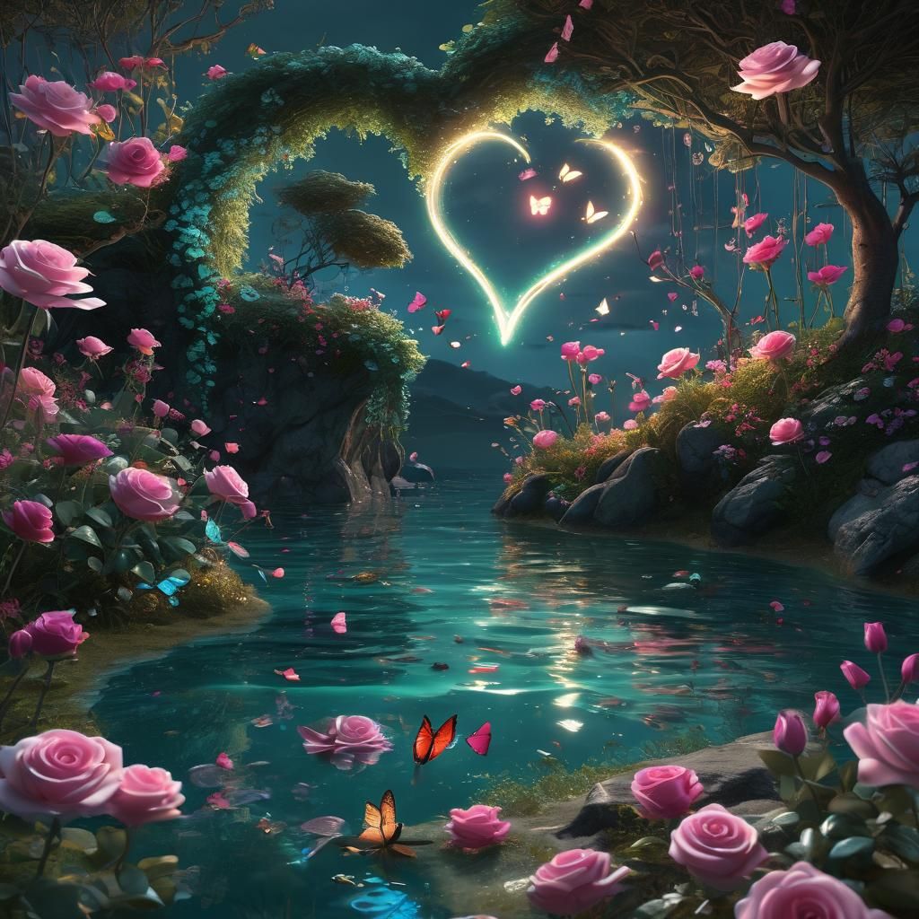 Turquoise Seashore with Glowing Heart in Fantasy Style