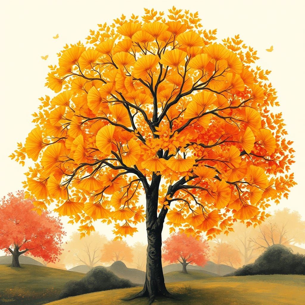 Ginkgo Tree in Autumnal Splendor: Japanese Impressionism