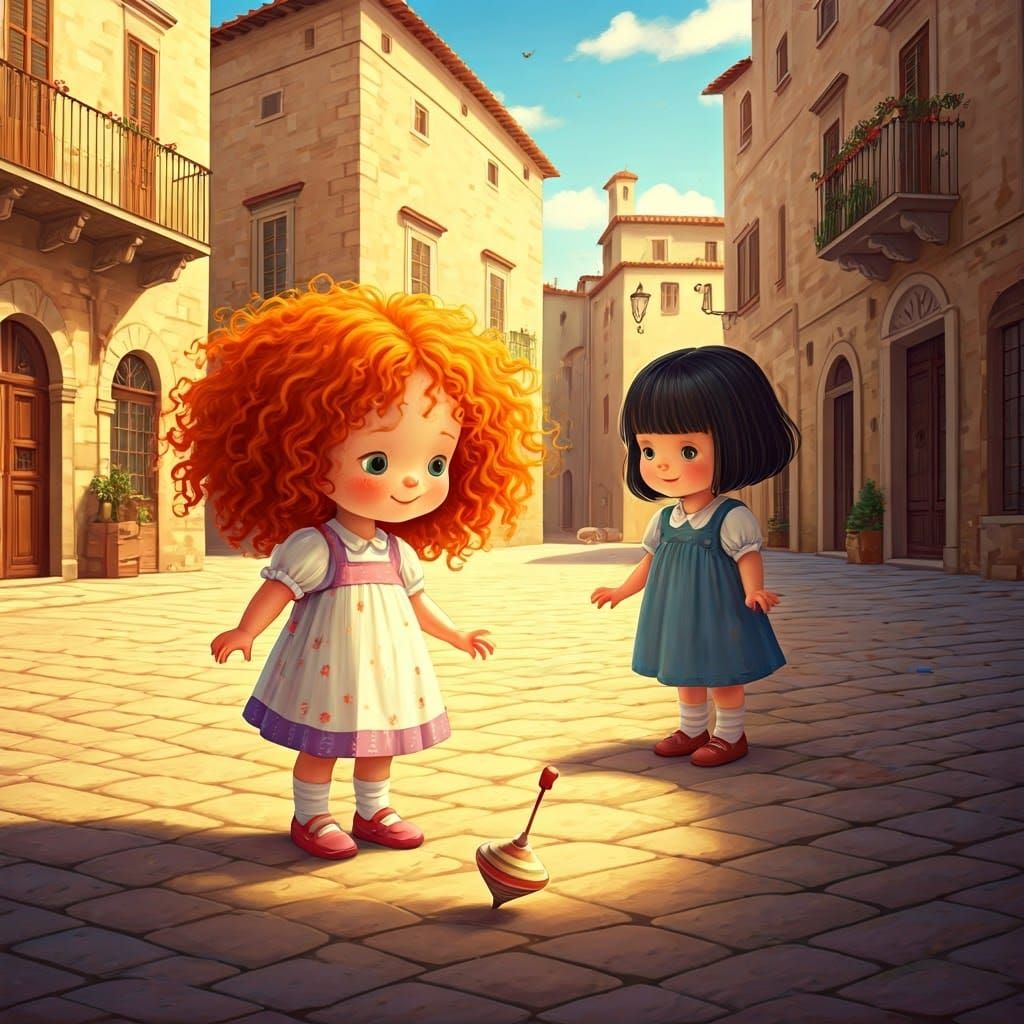 Girls Playing in Italian Square, Children's Book Illustratio...