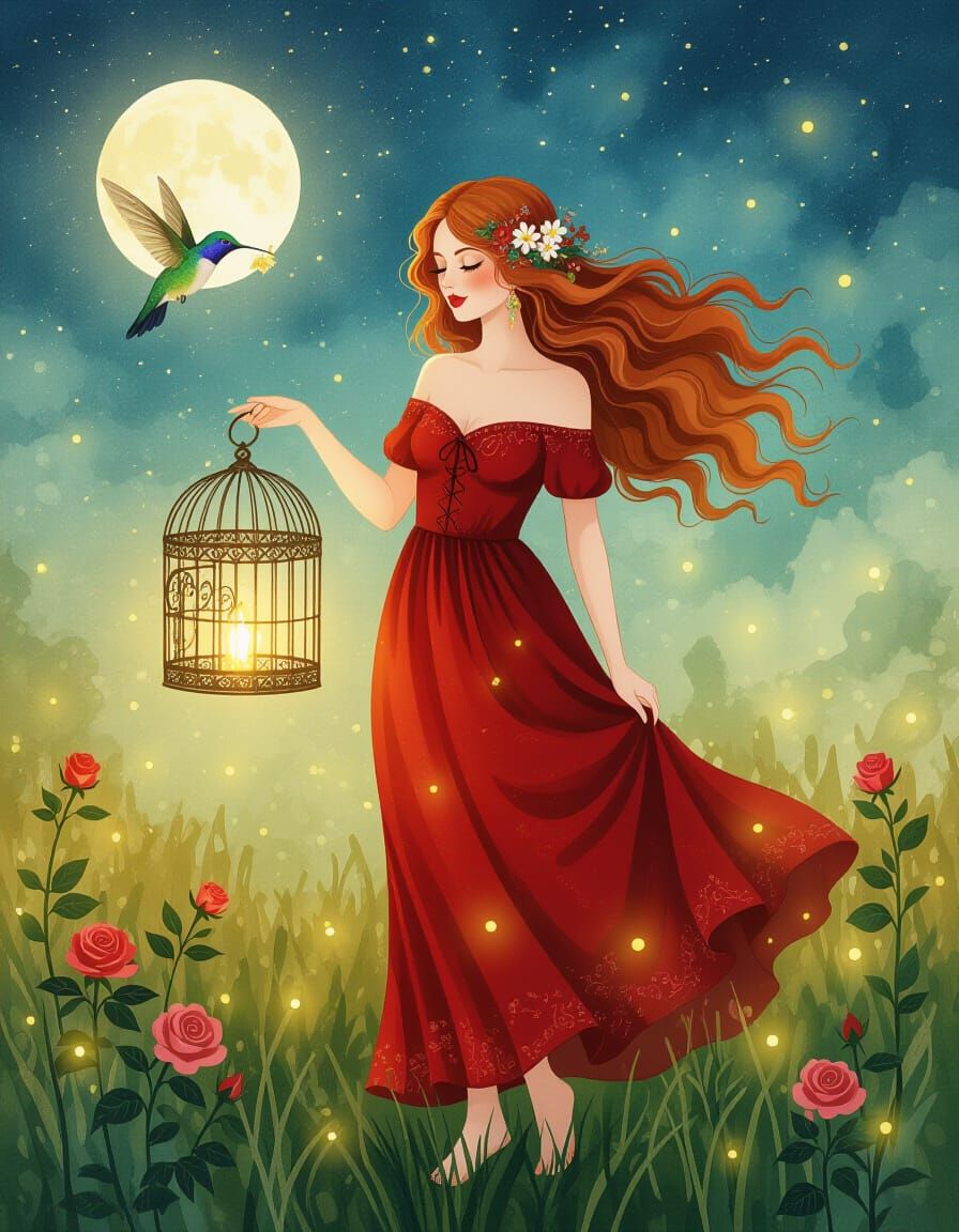 Bohemian Woman in Firefly Field, Airbrushed Style