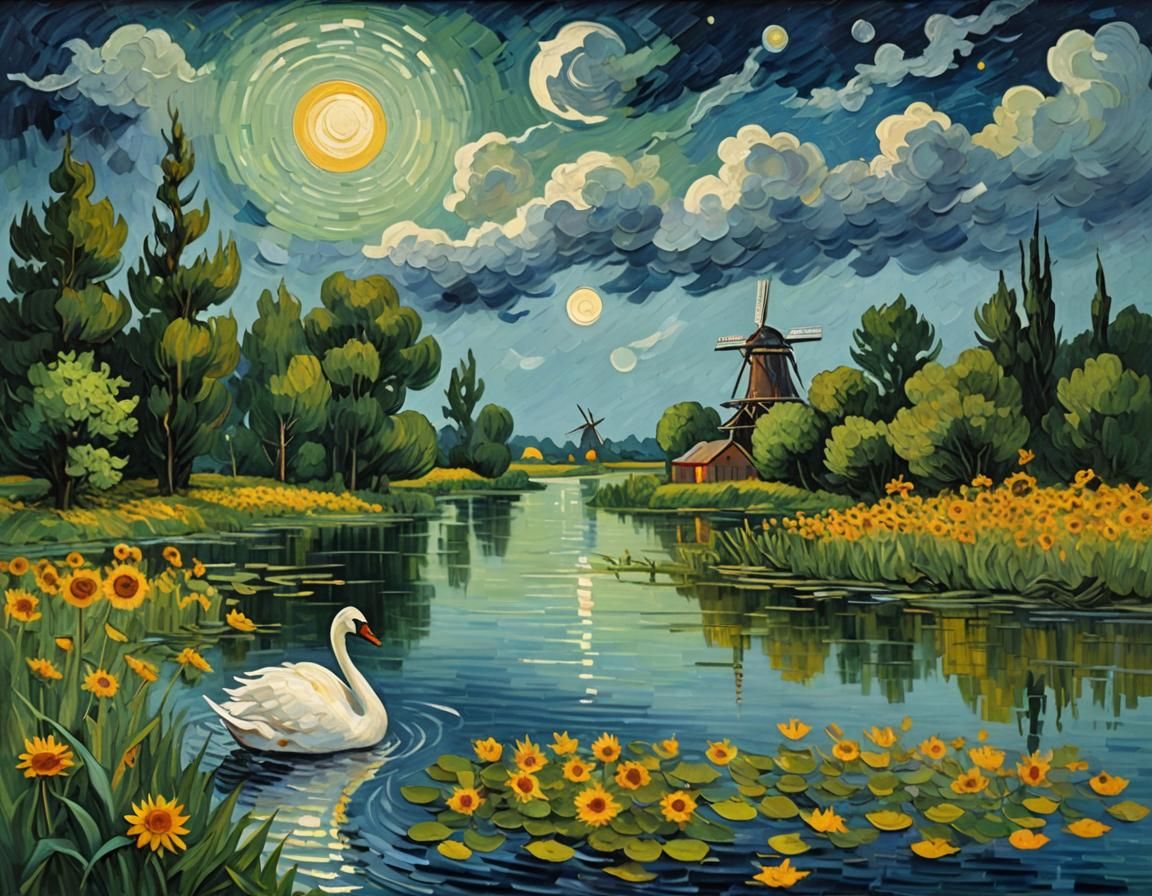 Moonlit Lakeside Landscape in Impressionistic Style