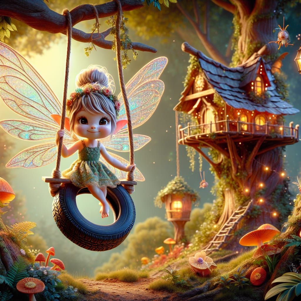 A Disney Pixar style 3D adorable tiny little fairy girl, with big glittery wings, swinging on a tire swing tied to a tre...