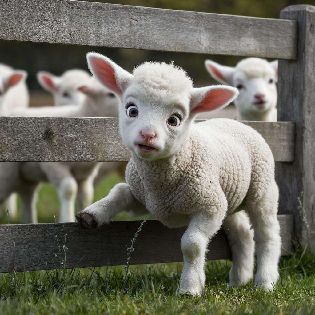 Comically Nervous Lamb at Rustic Wooden Fence