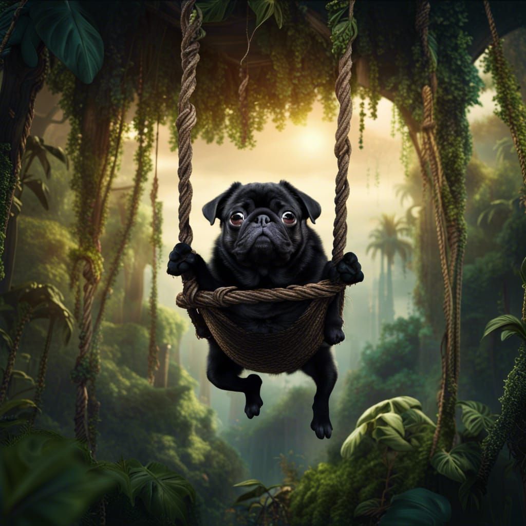 Pug Swings Through Jungle in Digital Painting