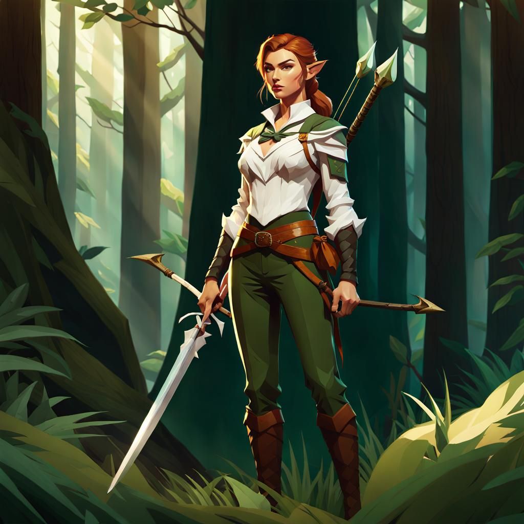 Half-Elf Ranger in Mystical Forest, Low-Poly Art