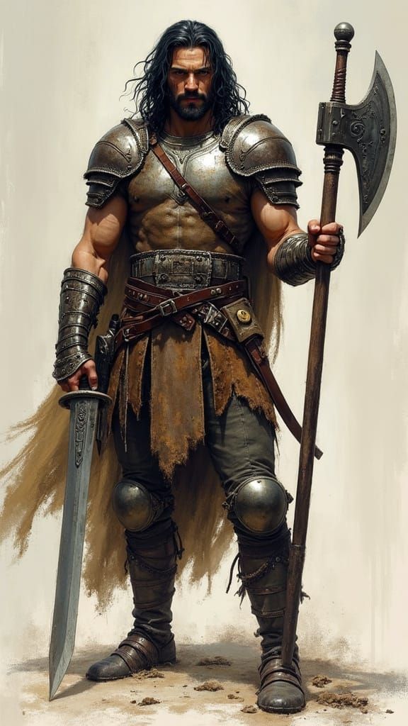 Armored Warrior with Sword and Axe in Fantasy Art Style