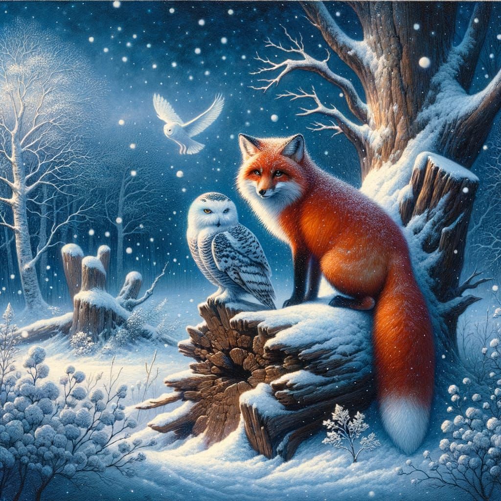 Romantic Winter Scene of Red Fox and Snowy Owl