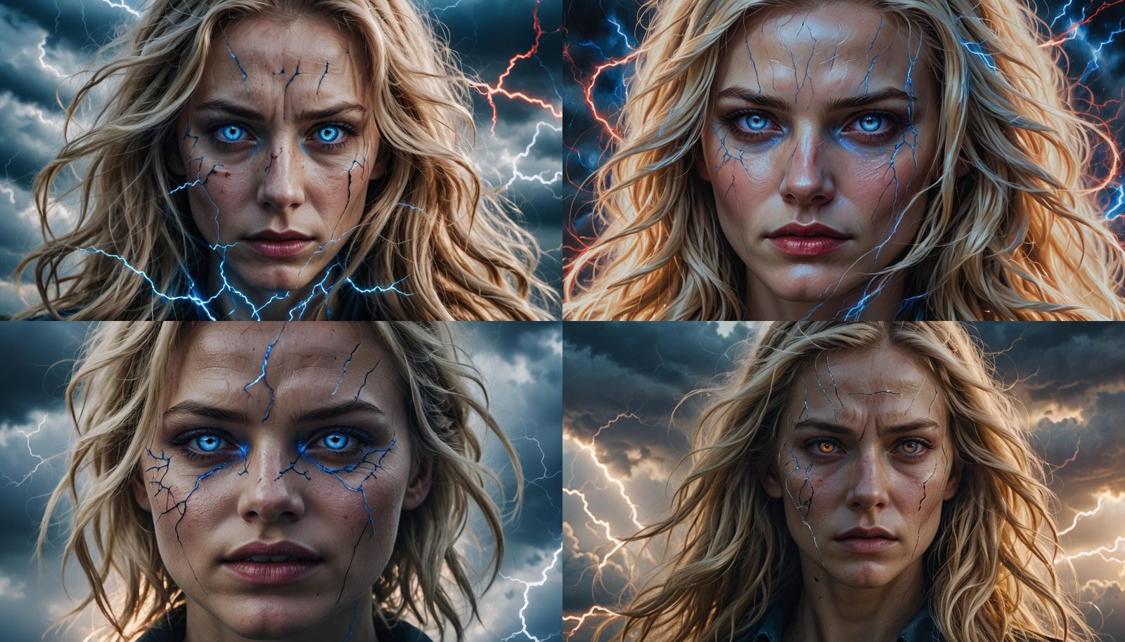 Hyperrealistic Woman with Cracked Face and Lightning