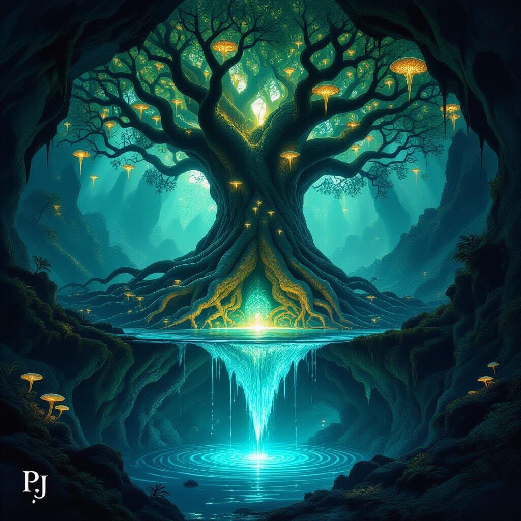 Ancient Tree Roots in Bioluminescent Cavern