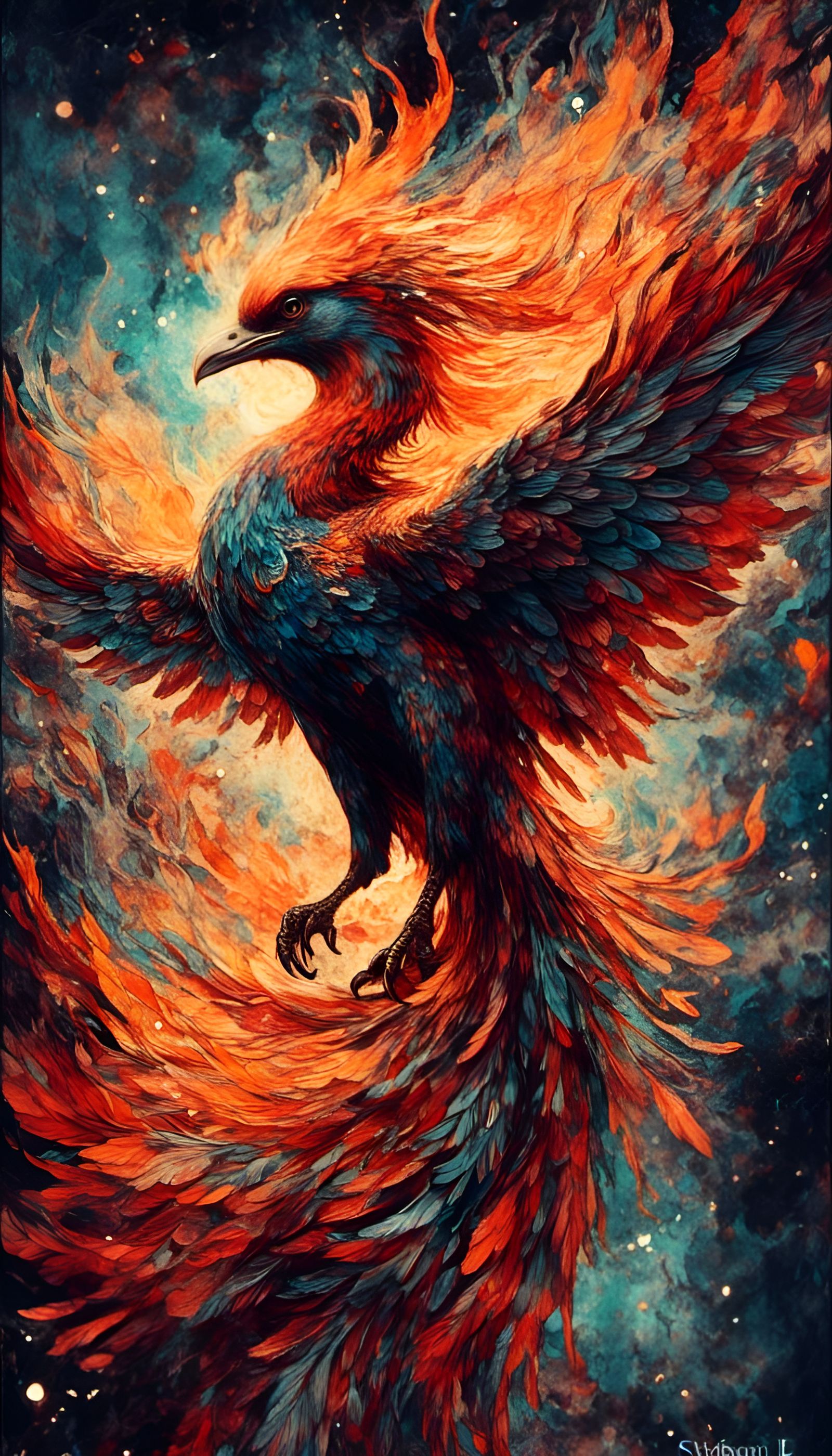 Fiery Phoenix Rising in a Starry Stained Glass Sky