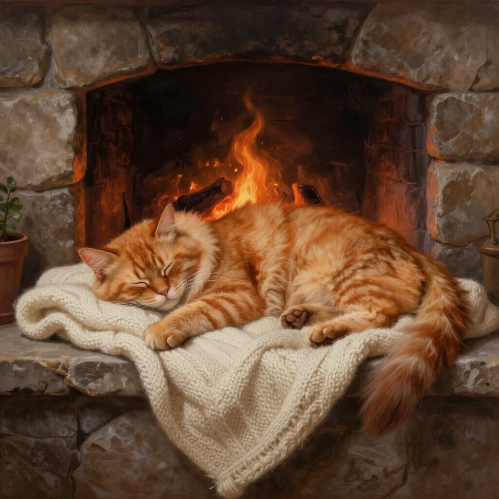 Orange Cat Asleep on Hearth in Dramatic Matte Painting Style