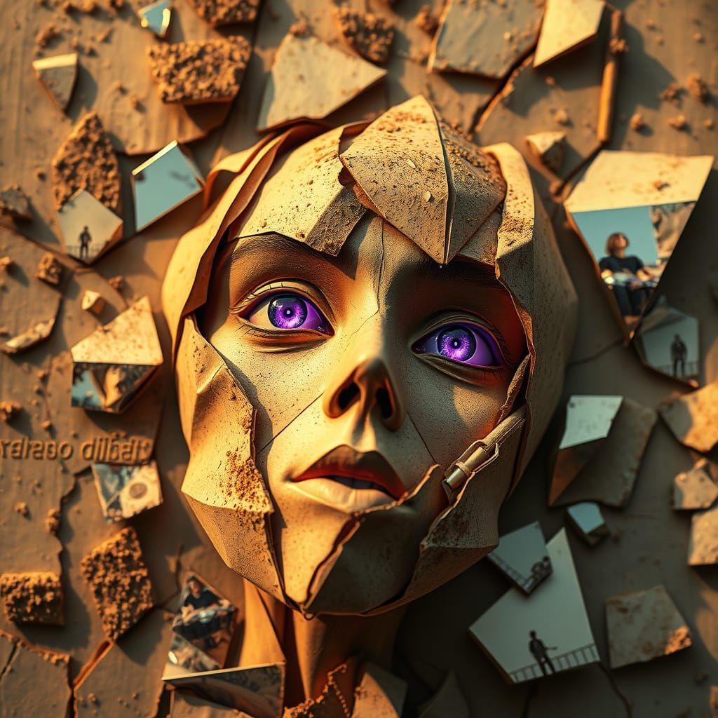 Abstract Origami & Broken Mirrors with Glowing Purple Eyes