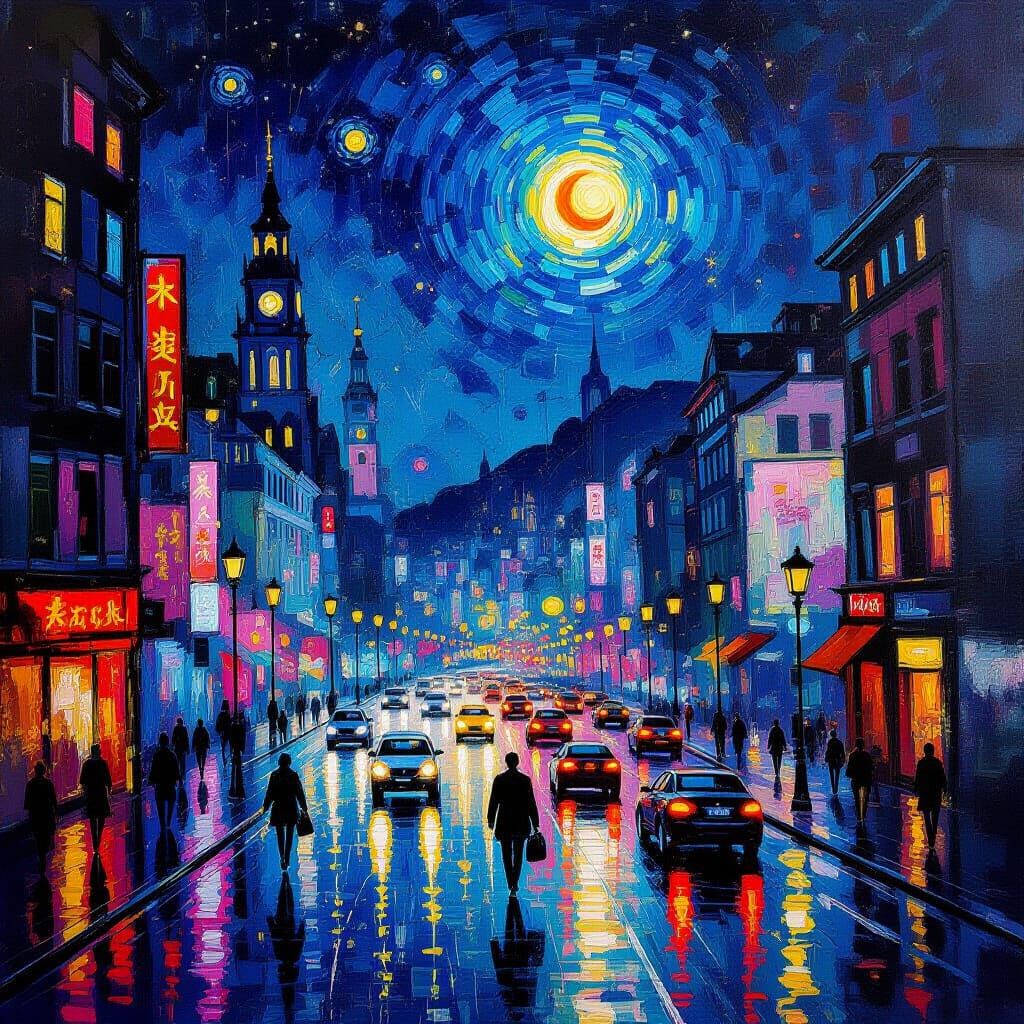 Dreamlike Cityscape at Night With Starry Sky