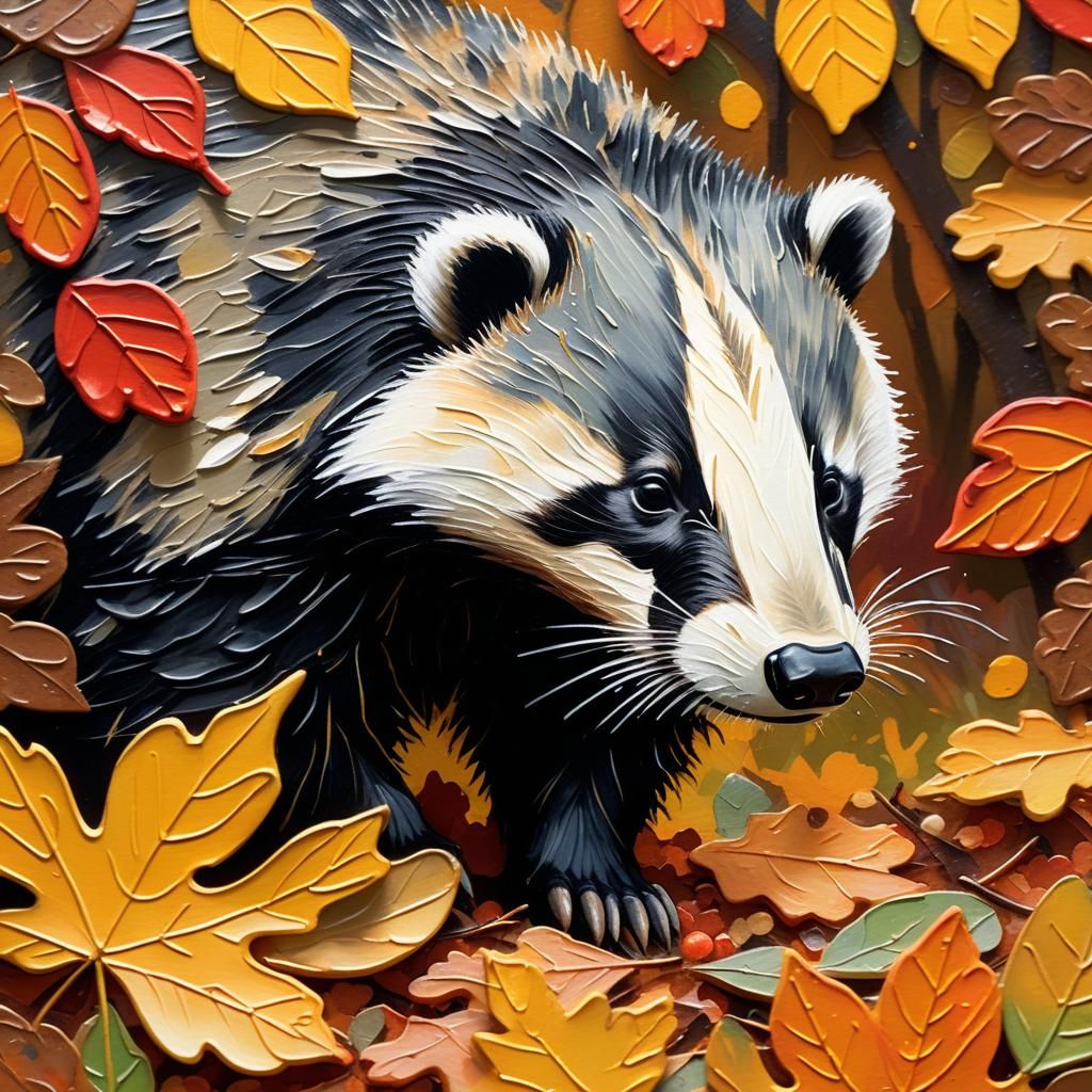 Badger in Autumn Leaves: Gouache Impressionist Painting