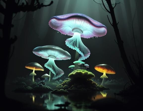 Glowing Toadstool Forest with Floating Jellyfish