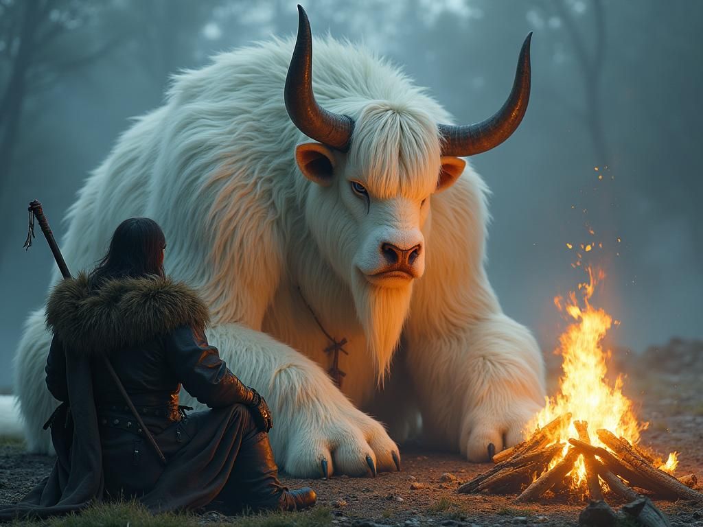 Mystical Albino Beast and Warrior by Campfire