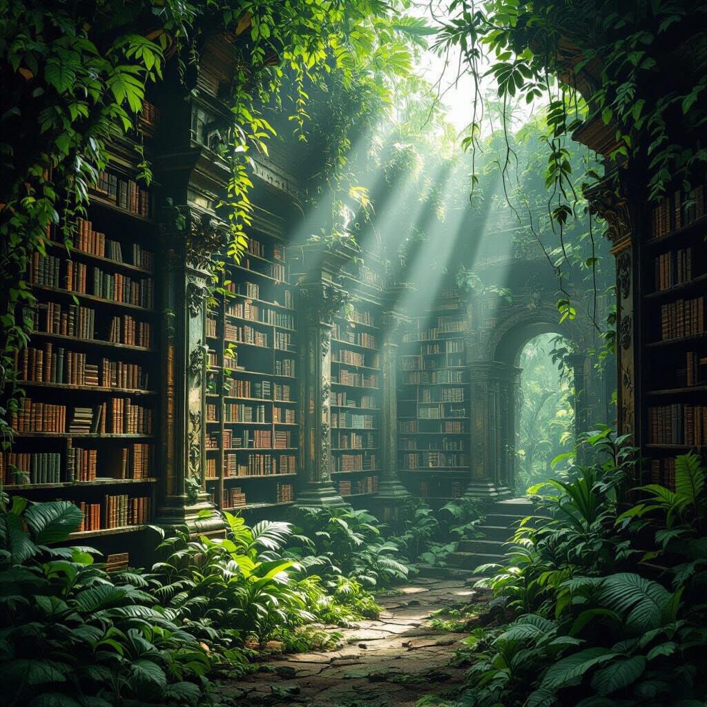 Ancient Jungle Library Illuminated by Filtered Sunlight