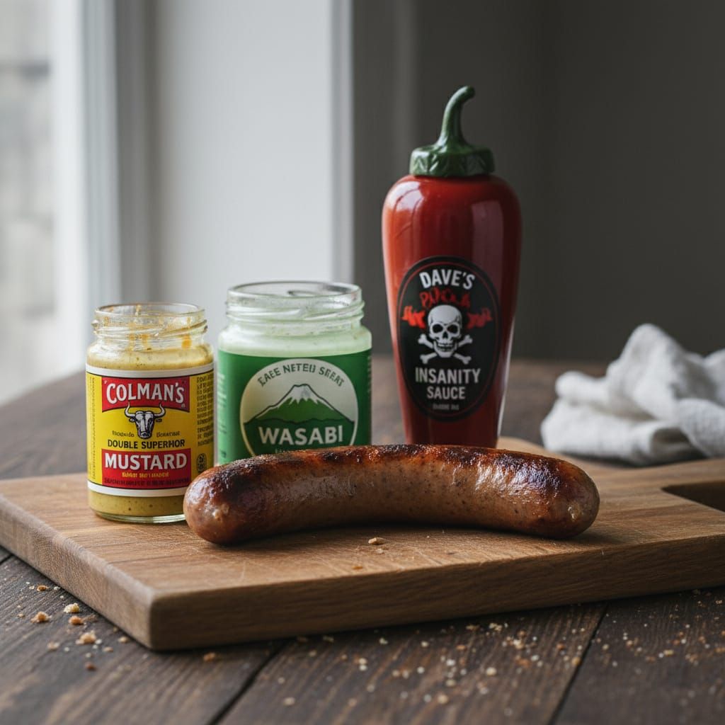 Sausage with Condiments: Mustard, Wasabi, and Hot Sauce