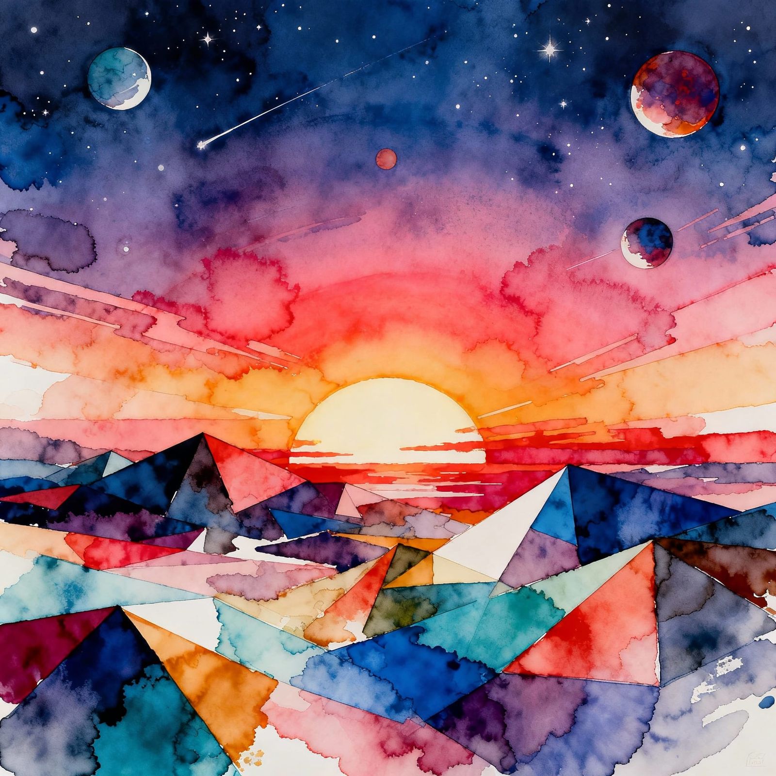 Abstract Cubist Sunset in Vibrant Alcohol Inks