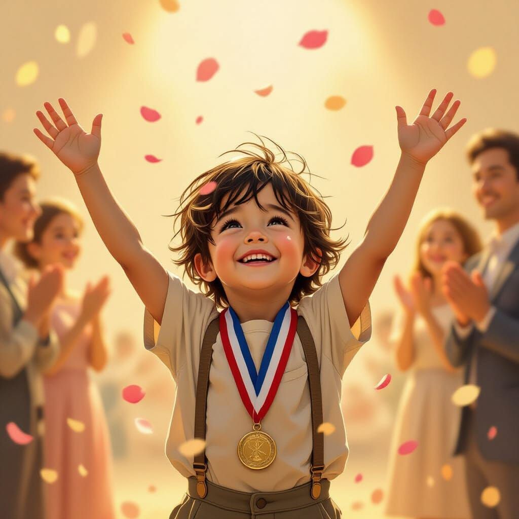 Victorious Child Celebrates with Joy, Rockwell Style