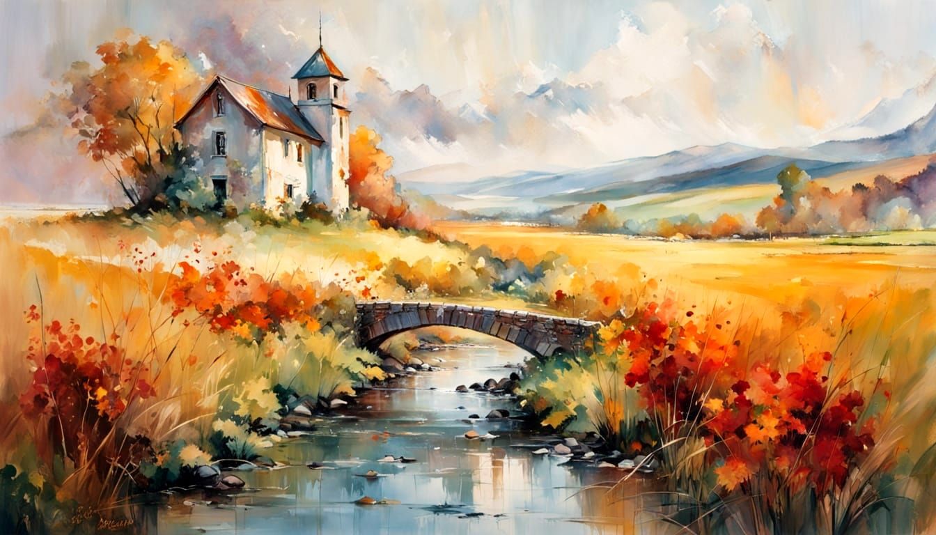 Farmhouse and Autumn Fields in Watercolor Style