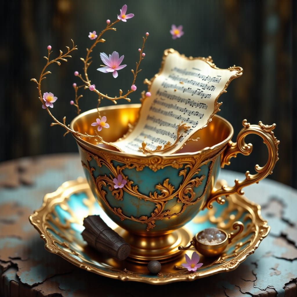 Teacup Filled with Miniature Instruments and Golden Filigree