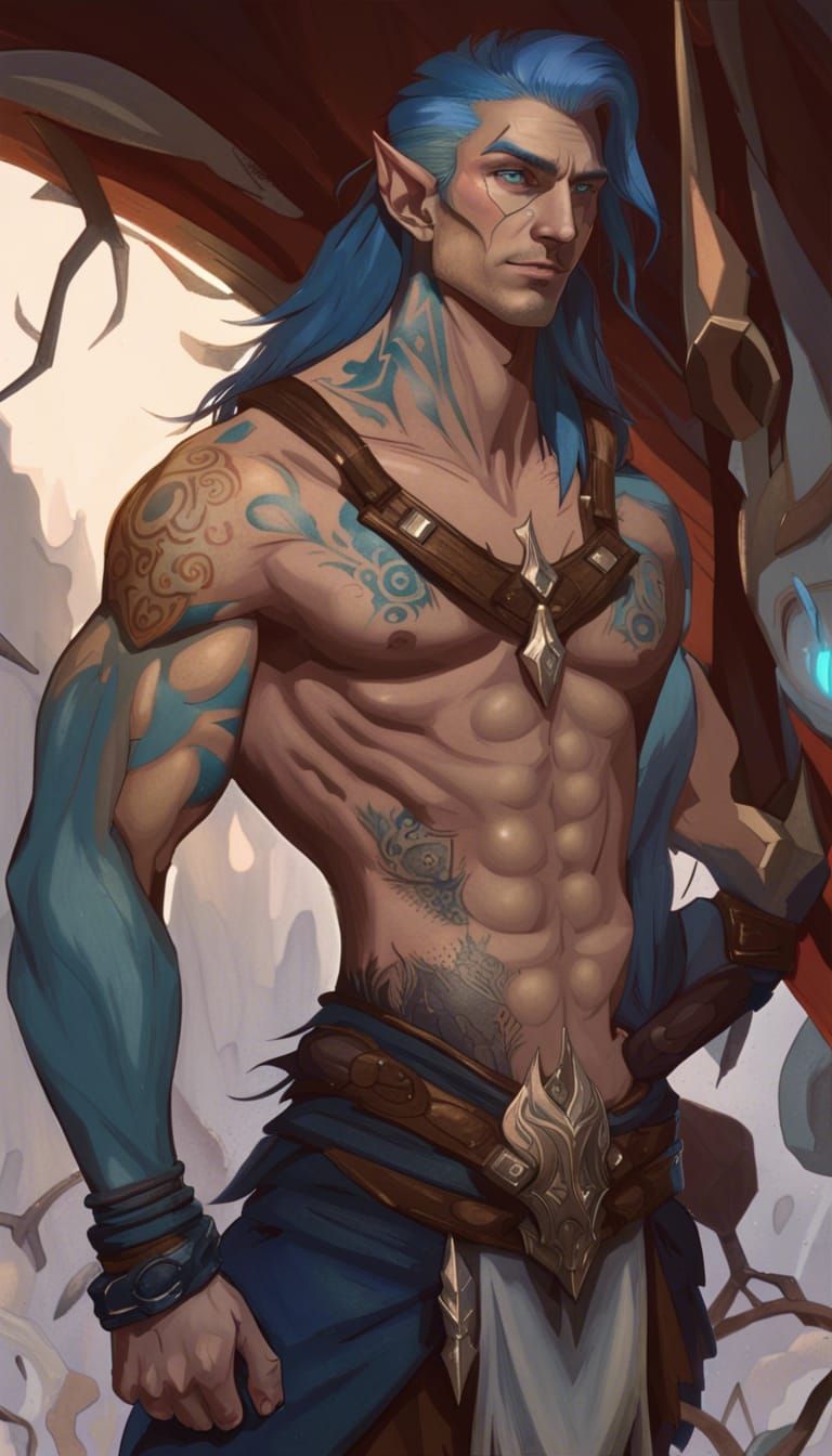 Muscular Elf Warrior with Cat, Digital Illustration