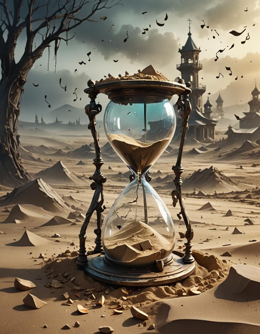 Surreal Hourglass with Musical Notes in Russian Countryside