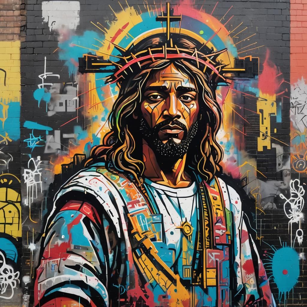 Jesus in Basquiat-Inspired Graffiti Art with Glowing Shield