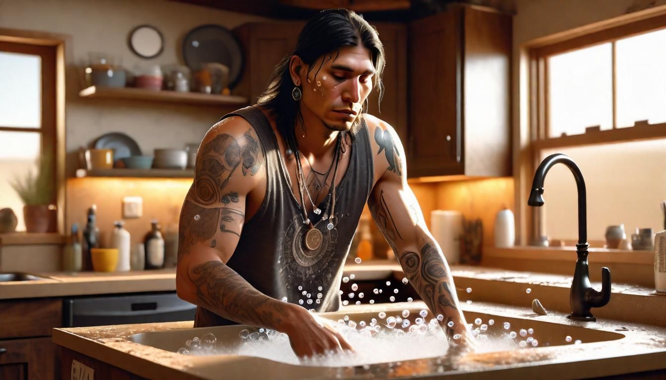 Romantic Digital Art of Native American Man Washing Dishes