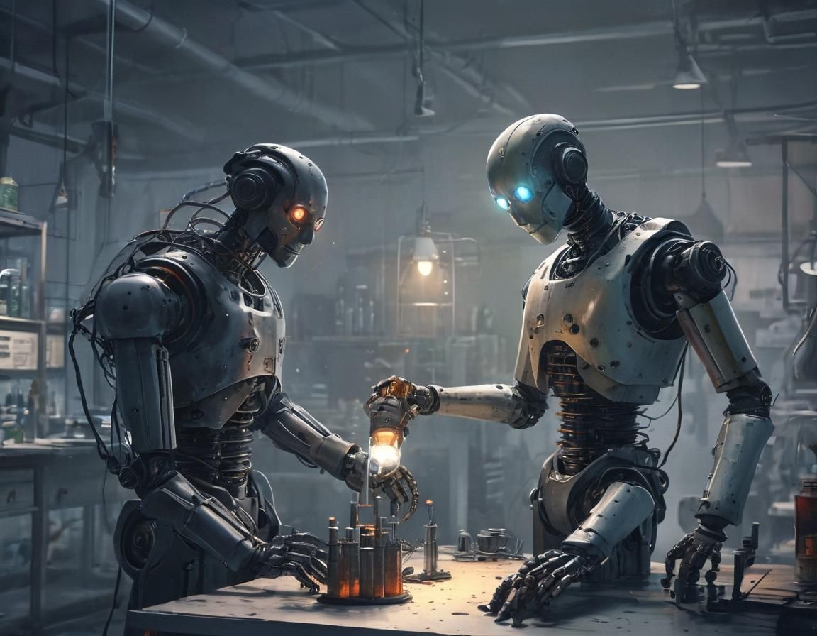 Mystical Robot Illumination in Vintage Watercolor Style