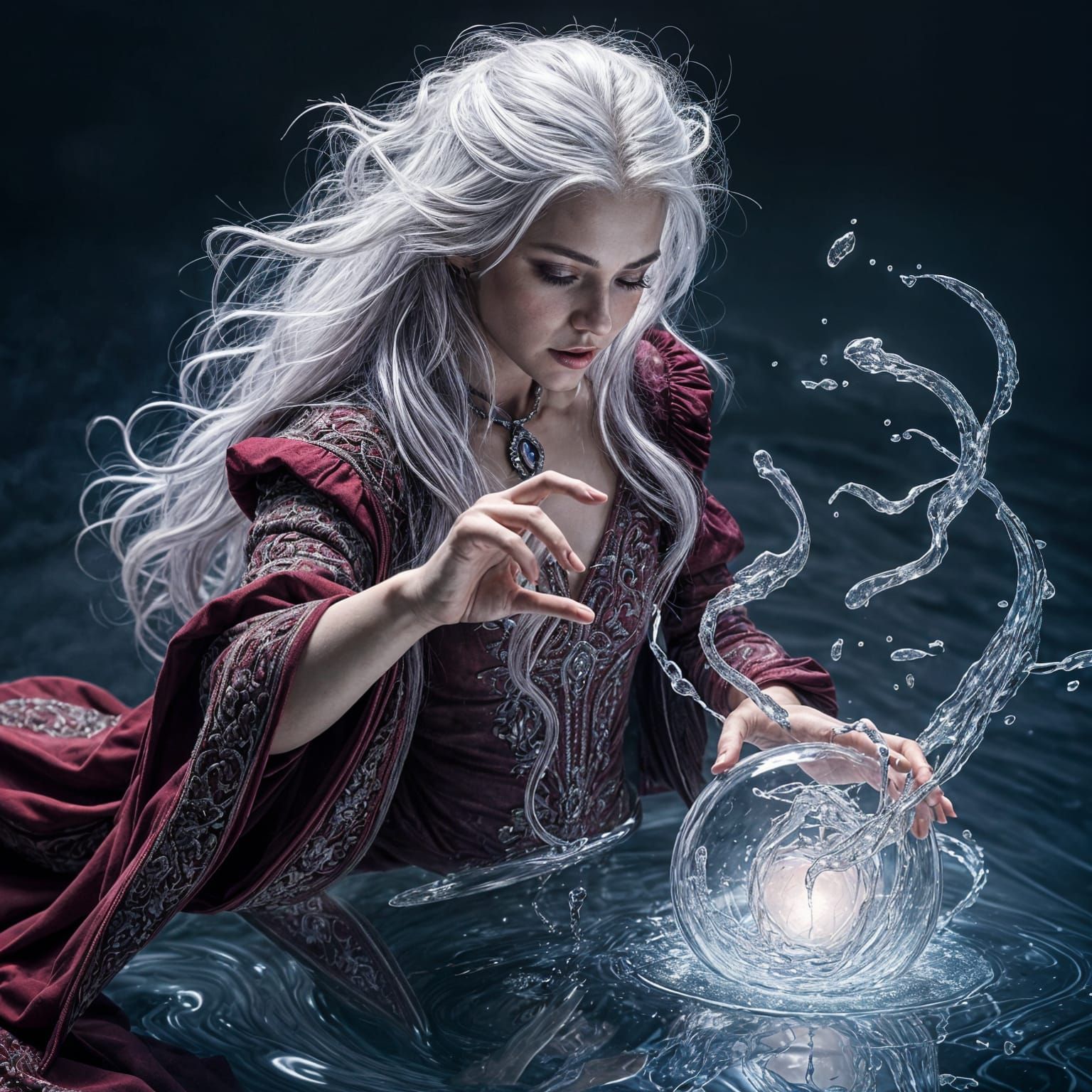 Sorceress Emerging From Mercury in Burgundy Dress