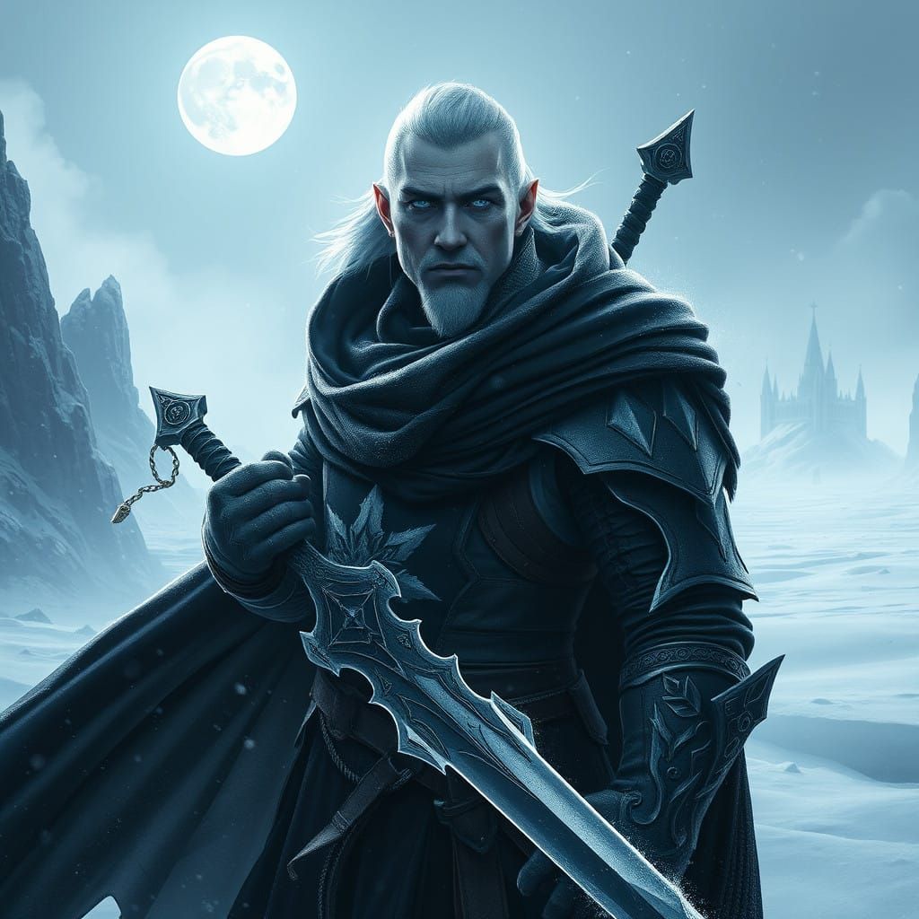 Surreal Snow Elf Warrior Under Frosty Tundra Skies