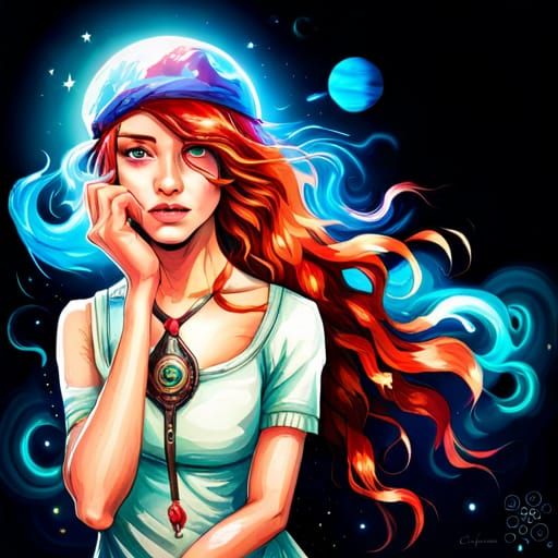 Ethereal Girl with Cosmic Hat, Anime Style