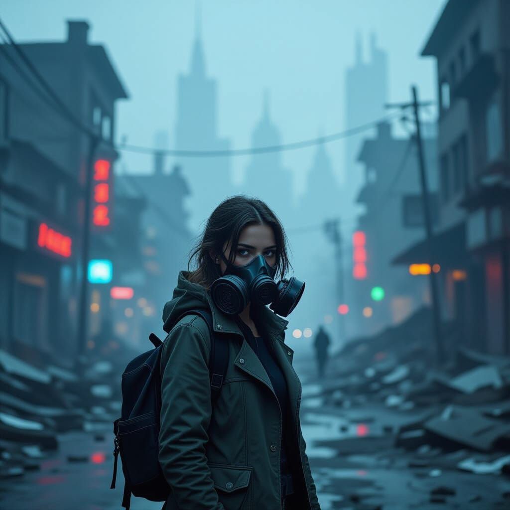 Young Woman in Gas Mask in Apocalyptic City Street