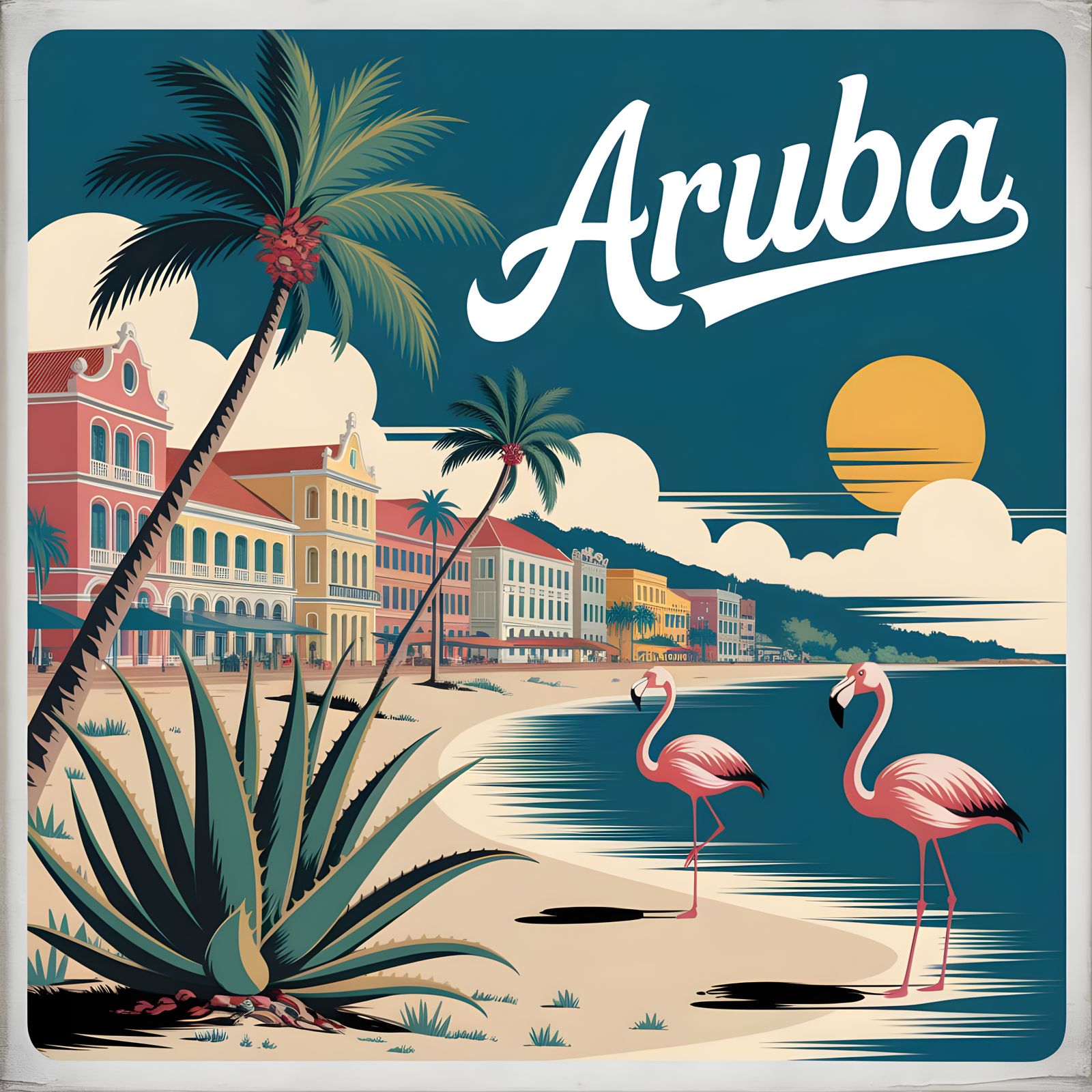 Vintage Travel Poster of Aruba with Flamingos