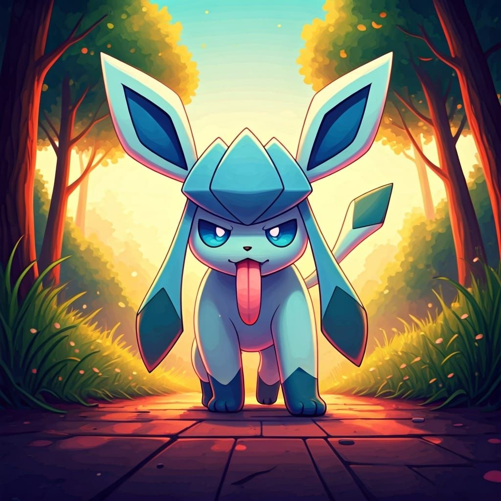 Chibi Glaceon in Sunny Synthwave Anime Style