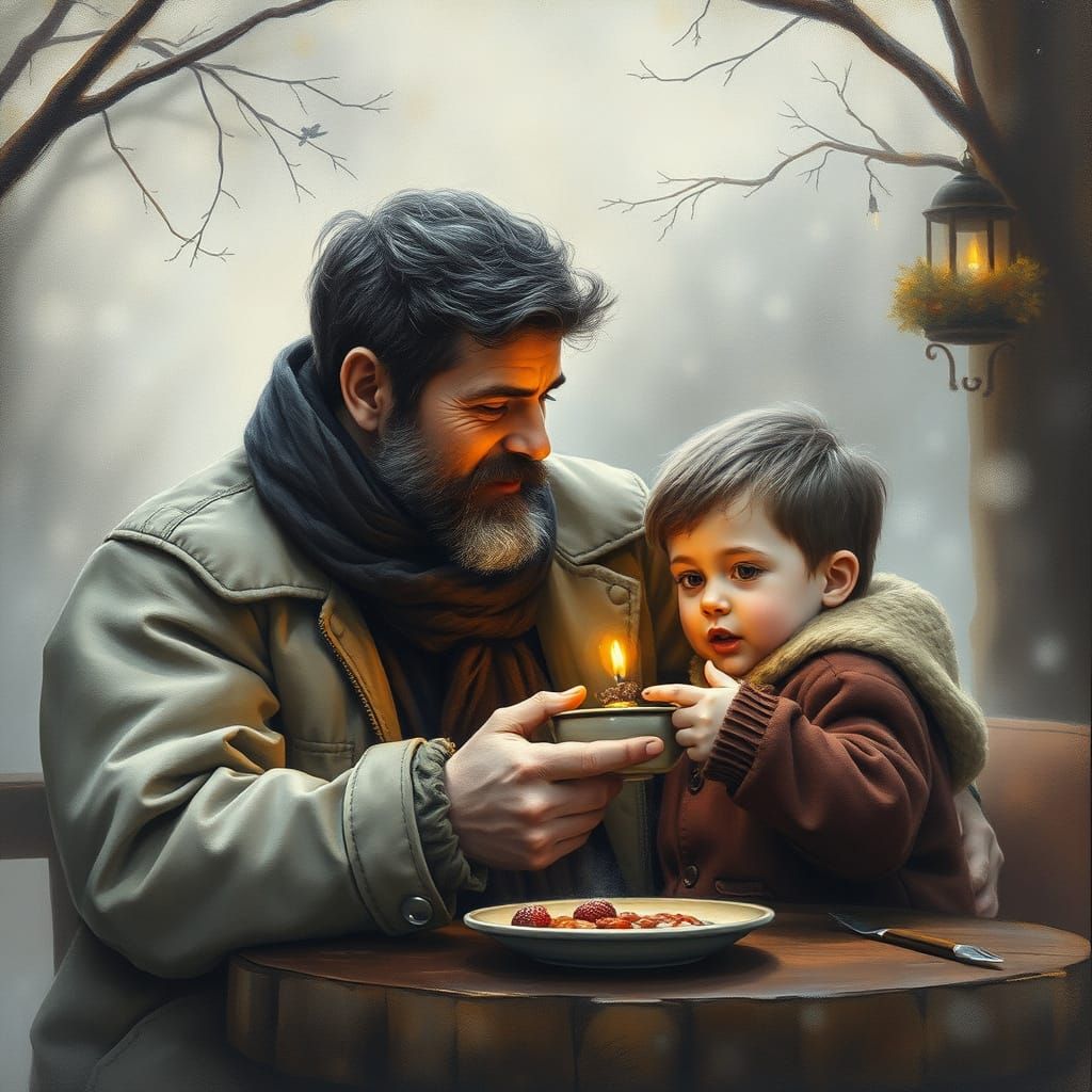 Father and Son Breakfast: Impressionist Charcoal Drawing