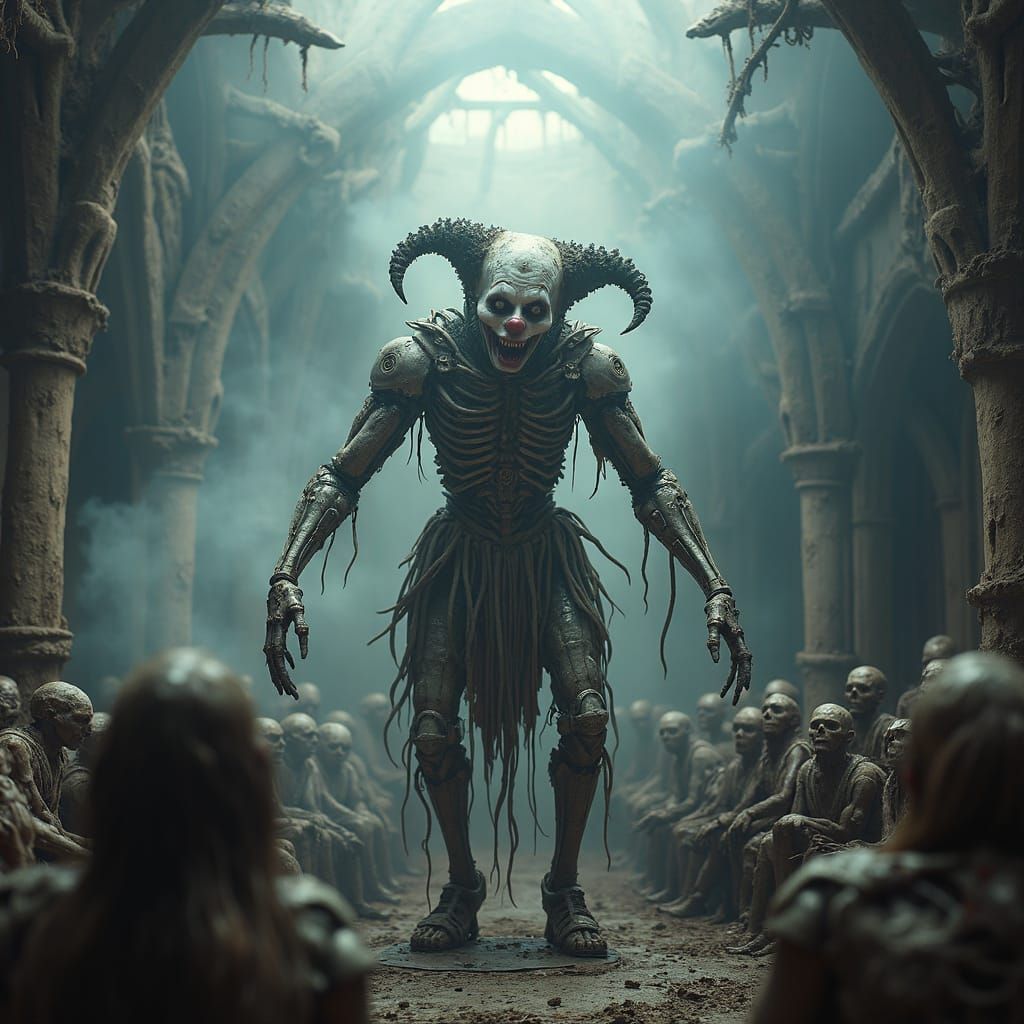 Biomechanical Clown in Grotesque Cathedral Circus Act