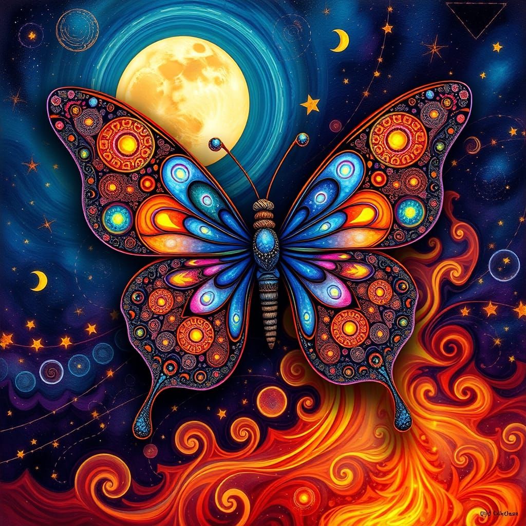 Vibrant Celestial Butterfly in Whimsical Zentangle Style