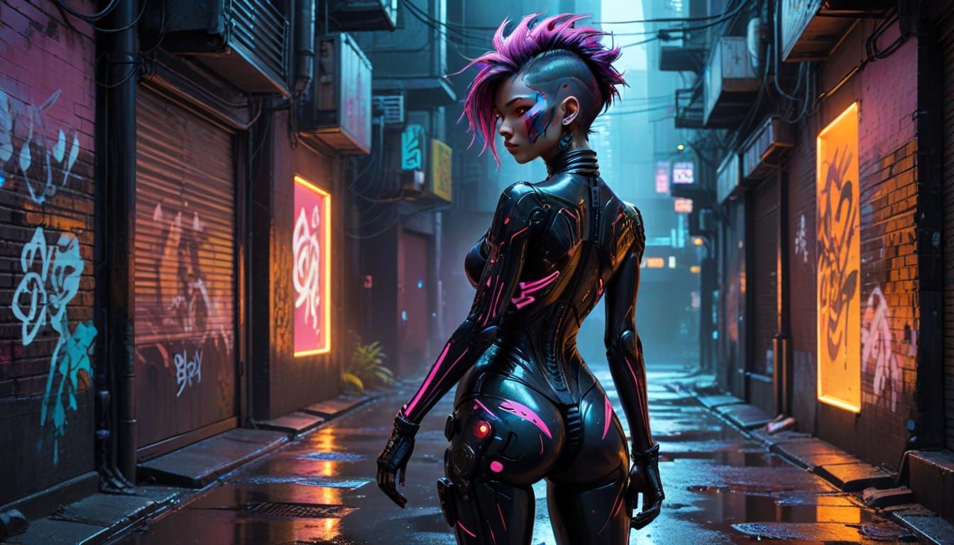 Cyberpunk Gynoid in Neon Alleyway