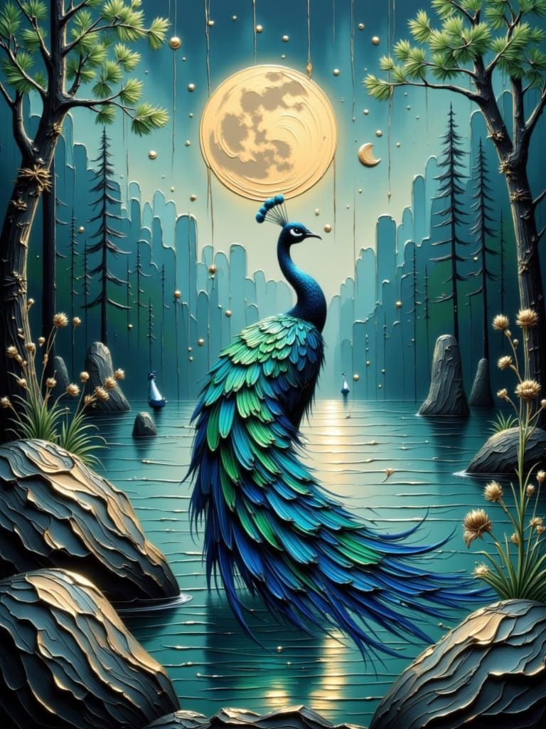Peacock Under Full Moon in Wildlife Illustration Style