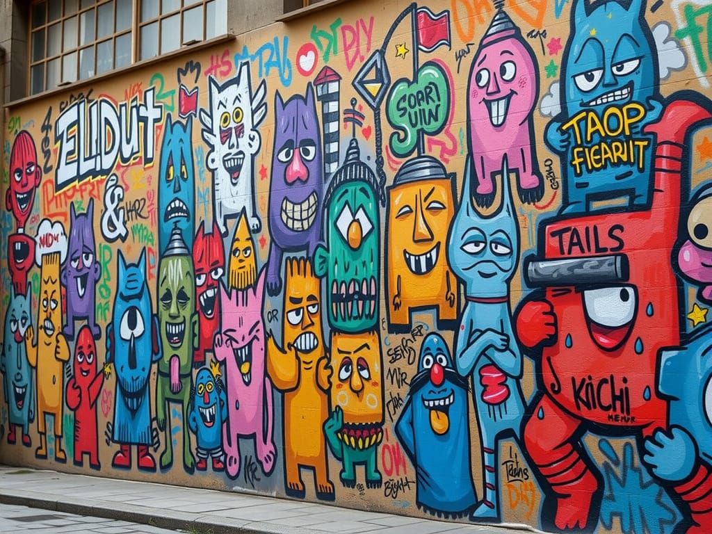 Vibrant Graffiti Mural of Cartoon Characters