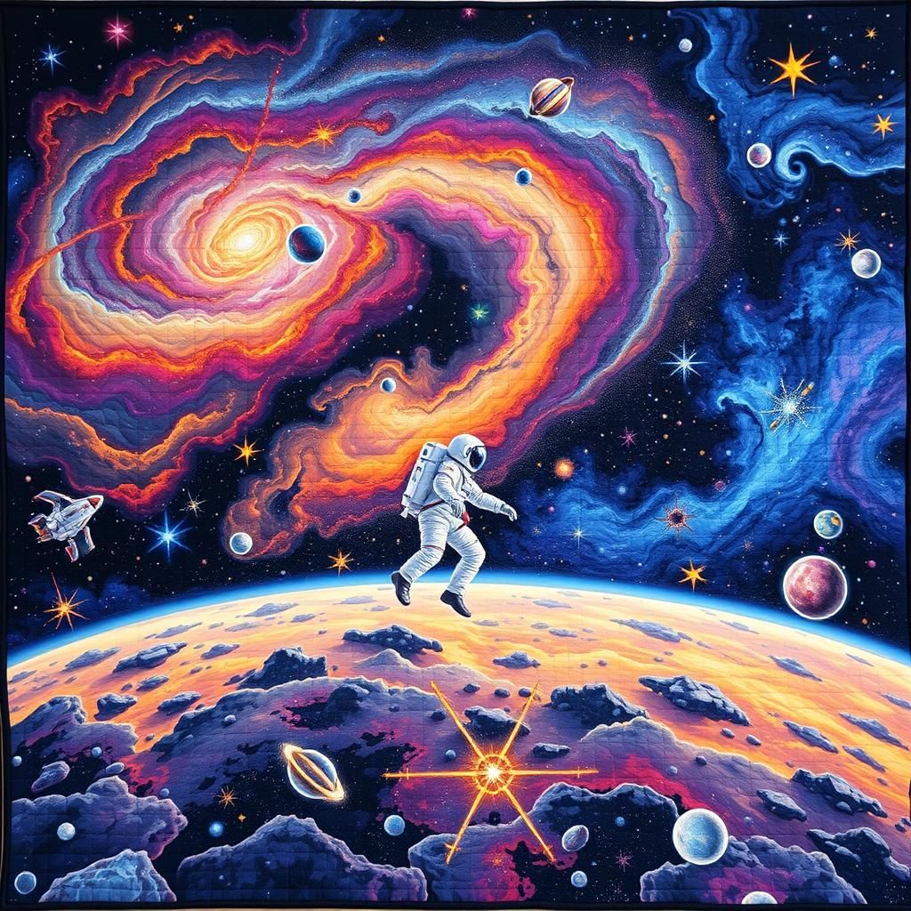 Astronaut's Galactic Journey Embroidered on Quilt